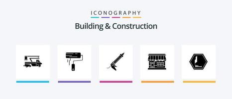 pack d'icônes glyphe 5 de construction et de construction, y compris le marché. magasin. mur. ustensiles. réparation. conception d'icônes créatives vecteur