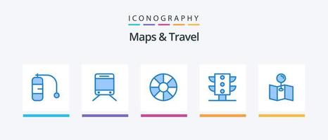 cartes et pack d'icônes bleues de voyage 5 comprenant. la roue. carte. conception d'icônes créatives vecteur
