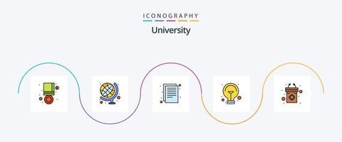 pack d'icônes plat rempli de 5 lignes universitaires, y compris la présentation. idée d'étude. documents. lumière. ampoule vecteur