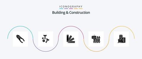 pack d'icônes glyphe 5 de construction et de construction, y compris le jardin. immobilier. outils. bois. échantillon vecteur