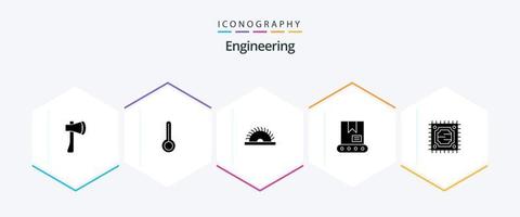 pack d'icônes d'ingénierie de 25 glyphes comprenant une puce électronique. grue. la météo. construction. ustensiles vecteur