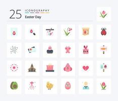 pack d'icônes de couleur plate de pâques 25, y compris un cadeau. tulipe. corbeille. plante. décoration vecteur