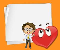 bannière de papier vierge avec émoticône coeur heureux et personnage de dessin animé de médecin vecteur