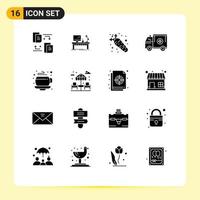 interface mobile ensemble de glyphes solides de 16 pictogrammes d'éléments de conception vectoriels modifiables de nourriture de bureau d'ambulance de camion d'aide vecteur
