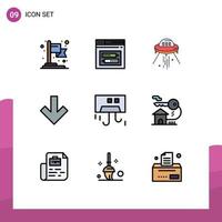 symboles d'icônes universelles groupe de 9 couleurs plates de ligne de remplissage modernes de l'état de l'espace arrière navire vers le bas éléments de conception vectoriels modifiables extraterrestres vecteur