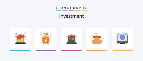 pack d'icônes d'investissement à plat 5, y compris l'investissement. en ligne. éco. sac. en espèces. conception d'icônes créatives vecteur