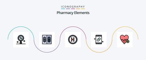 ligne d'éléments de pharmacie remplie de pack d'icônes plat 5, y compris le rythme cardiaque. pilules. hôpital. Médicament. santé vecteur