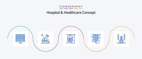 concept d'hôpital et de soins de santé pack d'icônes bleu 5 comprenant un thermomètre. hôpital. laboratoire. soins de santé. médical vecteur