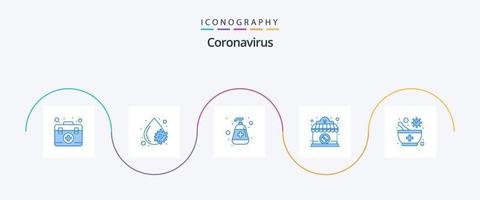 pack d'icônes coronavirus bleu 5 comprenant des médicaments. pancarte. lavage des mains. magasin. médical vecteur