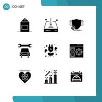 9 concept de glyphe solide pour les sites Web mobiles et les applications puissance énergie service financier voiture éléments de conception vectoriels modifiables vecteur