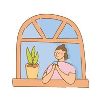Femme à l'aide de smartphone dans la fenêtre de l'appartement pour le style de forme libre de quarantaine vecteur