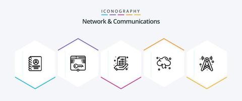 réseau et communications pack d'icônes de 25 lignes comprenant une flèche. rafraîchir. connexion. nuage. main vecteur