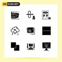 interface mobile glyphe solide ensemble de 9 pictogrammes d'éléments de conception vectoriels modifiables en nuage de réseau de codage de flèche ac vecteur