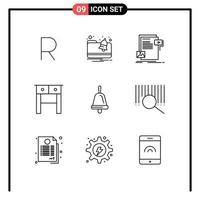 symboles d'icônes universels groupe de 9 contours modernes d'éléments de conception vectoriels modifiables de bureau de table de document de cloche d'école vecteur