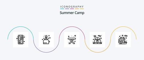 pack d'icônes de la ligne 5 du camp d'été, y compris le camping-car. campeur. pique-nique. tente. camping vecteur