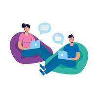 jeune couple à l'aide d'ordinateurs portables avec les médias sociaux assis sur des canapés vecteur
