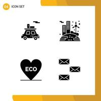 pack de 4 glyphes solides créatifs d'éléments de conception vectoriels modifiables d'environnement solaire de véhicule de coeur de voiture vecteur