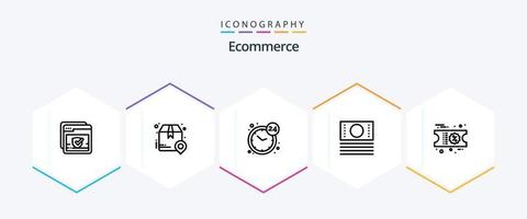 pack d'icônes de 25 lignes de commerce électronique, y compris la remise. commerce électronique. expédition. en espèces. ouvrir vecteur