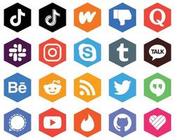 20 icônes blanches élégantes tumblr. Skype. facebook et instagram hexagone arrière-plans de couleur plate vecteur