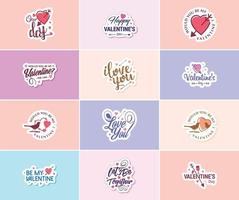 célébrer l'amour le jour de la saint valentin avec de beaux autocollants typographiques et graphiques vecteur