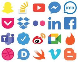 20 icônes de médias sociaux plates contemporaines et propres Yahoo. boîte de dépôt. Facebook. icônes de poche et vidéo. pack d'icônes dégradées vecteur