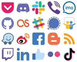 20 icônes plates de médias sociaux d'illustration plate mesenger. icônes spotify et lastfm. jeu d'icônes de dégradé professionnel vecteur