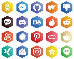 jeu d'icônes blanches de couleur plate hexagonale telles que kuaishou. Tinder. Facebook. behance et icônes de texte. 25 icônes professionnelles vecteur