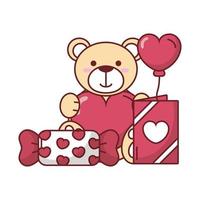 ours en peluche avec carte, bonbons et conception de vecteur de ballon coeur