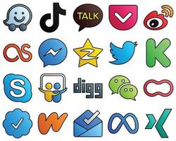 jeu d'icônes de médias sociaux de style ligne remplie tencent. fb. weibo. facebook et lastfm 20 icônes professionnelles vecteur