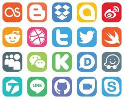 20 icônes de médias sociaux populaires telles que kickstarter. nous bavardons. icônes myspace et tweet. collection d'icônes dégradées vecteur
