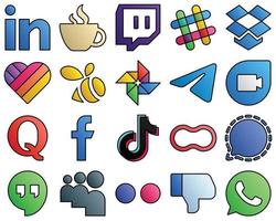 20 icônes professionnelles facebook. quora. comme. google duo et messenger collection d'icônes de médias sociaux de style ligne remplie vecteur