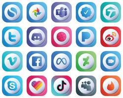 20 icônes de médias sociaux haute résolution à gradient 3d mignonnes telles que sina. discorde. icônes weibo et dribble. de haute qualité et élégant vecteur
