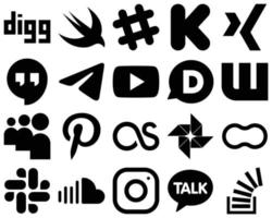 20 icônes de glyphes solides noirs attrayants tels que google photo. pinterest. Messager. icônes myspace et disqus. de qualité et créatif vecteur