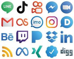20 icônes de médias sociaux dégradées élégantes telles que lastfm. e-mail. Facebook. gmail et icônes de réunion. élégant et unique vecteur