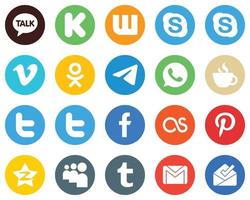 20 icônes blanches modernes tweetent. odnoklassniki. arrière-plans de cercle plat en streaming et WhatsApp vecteur