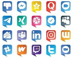 20 icônes de médias sociaux de style bulle de chat professionnel telles que myspace. dribbler. quora. icônes xing et messager. de haute qualité et créatif vecteur