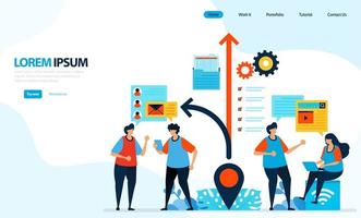 illustration vectorielle de personnes demandant de trouver l'emplacement et la direction de la destination. tournez le signe avec la broche de localisation. conçu pour la page de destination, le modèle, l'interface utilisateur, le site Web, l'application mobile, le dépliant, la brochure vecteur