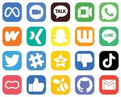 20 icônes de médias sociaux uniques telles que Twitter. wattpad. vidéo. icônes snapchat et littérature. pack d'icônes dégradées vecteur