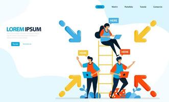 illustration vectorielle de personnes vont au point de rencontre. simulation de sécurité de gestion des catastrophes et panneau d'avertissement de danger. conçu pour la page de destination, le modèle, l'interface utilisateur, le site Web, l'application mobile, le dépliant, la brochure vecteur