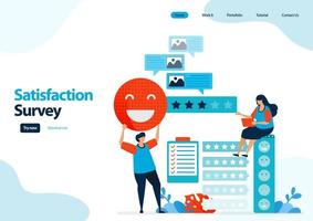 modèle de page de destination des enquêtes de satisfaction émoticônes. attribuer des notes et des étoiles aux services d'applications. bon retour avec des émoticônes. illustration pour bannière, ui ux, site Web, web, applications mobiles, flyer, carte vecteur