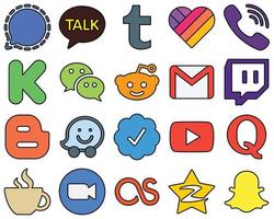20 icônes de médias sociaux remplies de lignes élégantes telles que twitch. e-mail. gmail et messenger haute résolution et professionnel vecteur