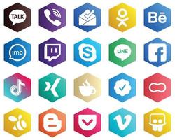 25 icônes blanches de haute qualité telles que Facebook. l'audio. icônes de ligne et skype. arrière-plans de couleur plat hexagone vecteur