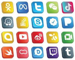 20 icônes 3d isométriques pour les principales plateformes de médias sociaux telles que skype. Stock. douyin. icônes question et waze. minimaliste et professionnel vecteur