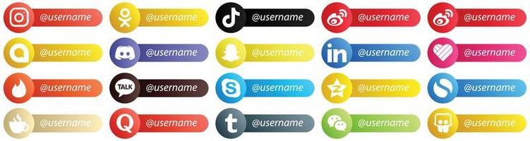 suivez-moi ensemble d'icônes de plate-forme de réseau social 20 icônes telles que des icônes de message et de discorde. entièrement modifiable et unique vecteur