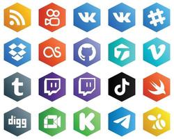 25 icônes de couleur plate hexagonales blanches telles que la vidéo. marqué. icônes douyin et twitch. commerce et commercialisation vecteur