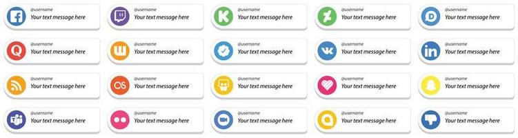 20 style de carte suivez-moi les icônes de la plate-forme de médias sociaux avec l'option de message personnalisé comme lastfm. rss. quora. icônes professionnelles et vk. haute définition et polyvalent vecteur