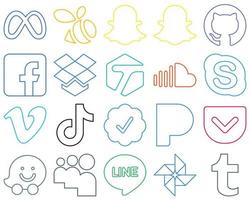 20 icônes de médias sociaux premium et professionnelles aux contours colorés telles que tiktok. viméo. boîte de dépôt. chat et musique haute définition et modifiable vecteur