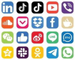 20 icônes de médias sociaux pour tous vos besoins tels que Facebook. poche. vidéo. icônes de musique et soundcloud. jeu d'icônes dégradé élégant vecteur