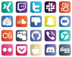 20 icônes de médias sociaux populaires telles que lastfm. Rencontre. du son. icônes vidéo et snapchat. élégant et minimaliste vecteur