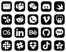 20 icônes de médias sociaux blanches innovantes sur fond noir telles que slideshare. viméo. message. icônes WhatsApp et essaim. professionnel et haute définition vecteur